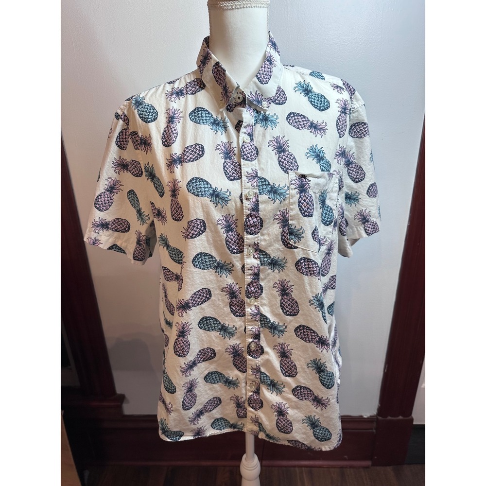 Original Penguin Mens XL White Pineapple Print Short Sleeve Button Down Shirt